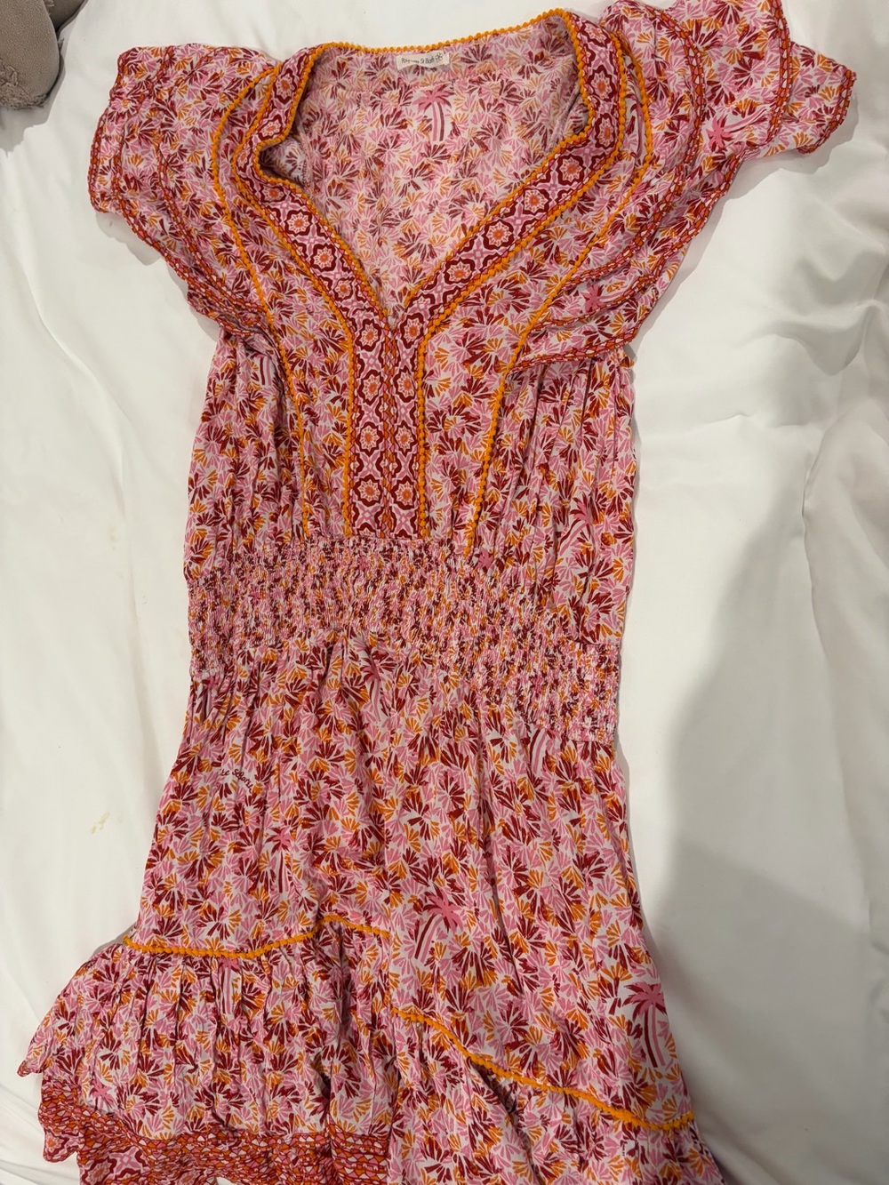 Poupette St. Barth Pink and Orange Floral Smocked Mini Dress